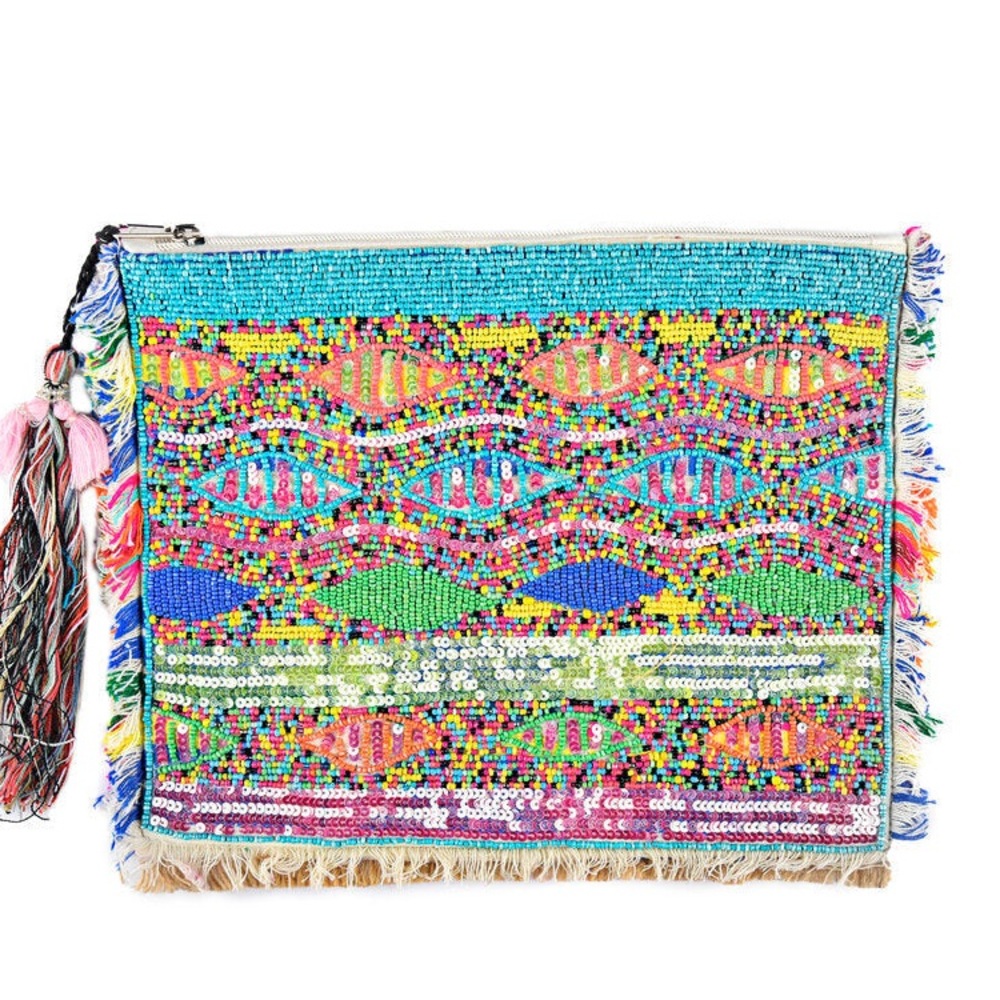 Tommy’s Jolly Peyote Bird Hand Beaded Sequin Colorful Fringe Clutch Bag